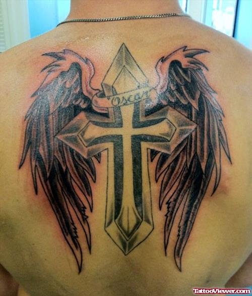 Grey Ink Cross With Angel Wings Tattoo On Back