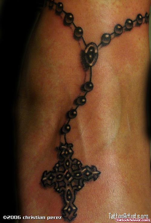 Grey Ink Cross Rosary Tattoo