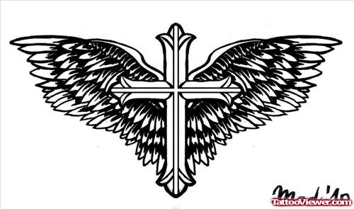 Grey Ink Winged Cross Tattoo Design For Men