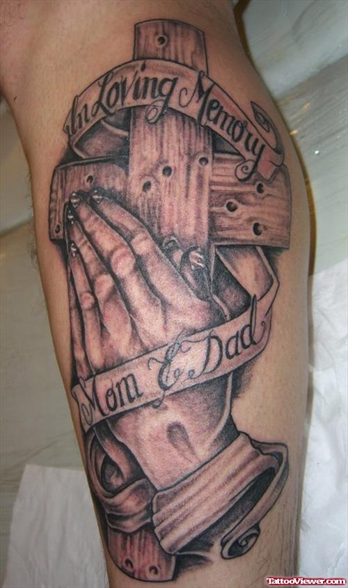 Grey Ink Praying Hands With Cross Tattoo