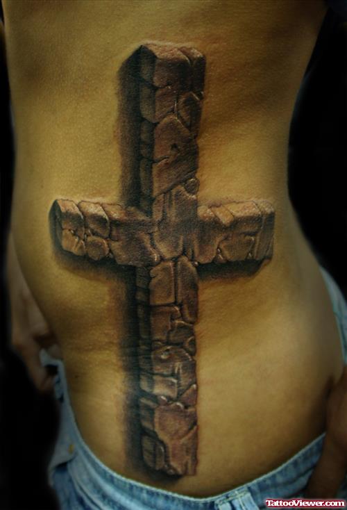 Grey Ink 3D Cross Tattoo On Rib Side