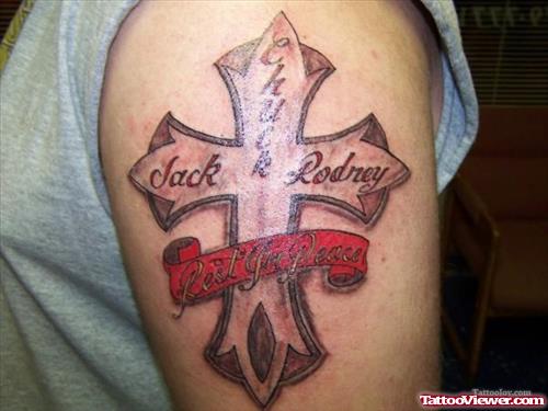 Cross With Banner Tattoo On Half Sleeve