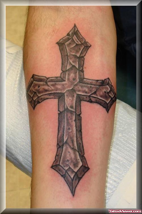 Amazing Grey Ink Cross Tattoo On Right Arm