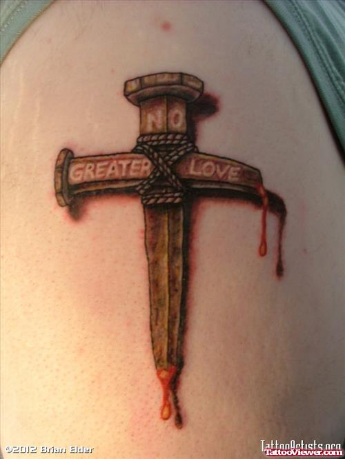 No Greater Love Ripped Skin Cross Tattoo On Shoulder