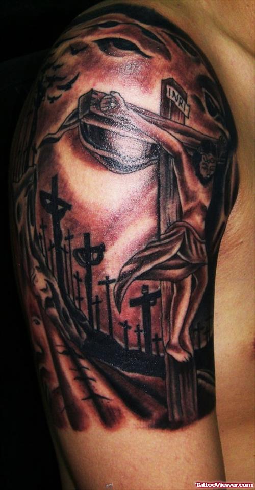 Grey Ink Jesus And Cross With Jesus Tattoo On Right Half Sleeve