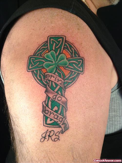 Celtic Cross and Clover Leaf Tattoo On Shoulder