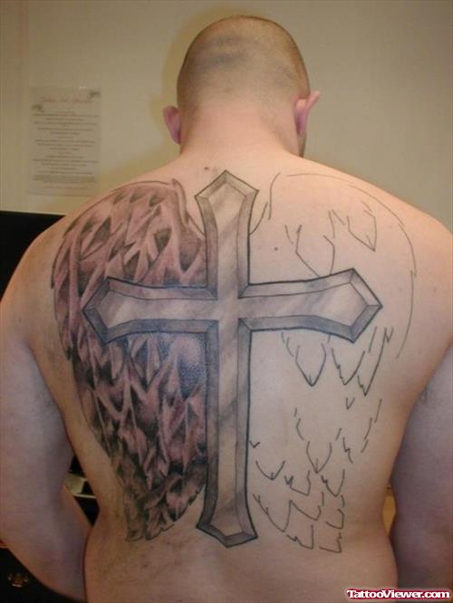 Angel Wings Grey Ink Cross Tattoo On Back Body