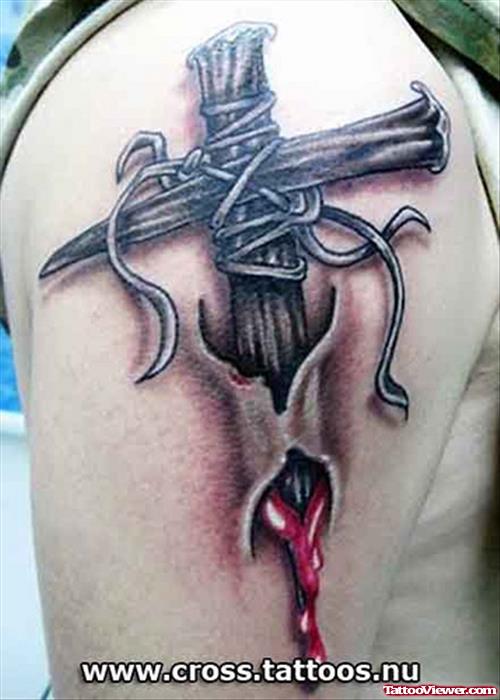 Ripped Skin Wooden Cross Tattoo On Shoulder