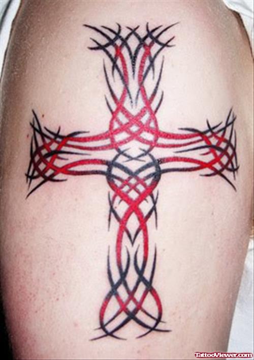 Red And Black Ink Cross Tattoo On Half Sleeve
