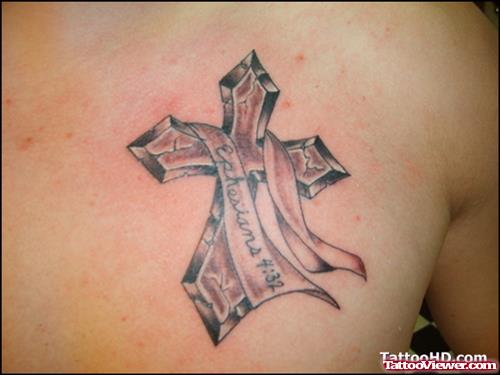 Grey Ink Cross With Banner Tattoo On Man Chest
