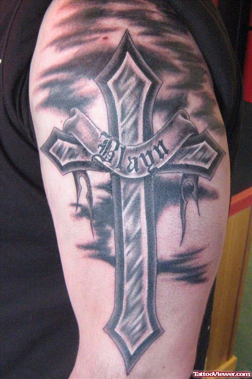 Grey Ink Cross With Banner Tattoo Half Sleeve