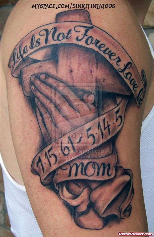 Grey Ink Cross And Memorial Banner Tattoo On Half Sleeve