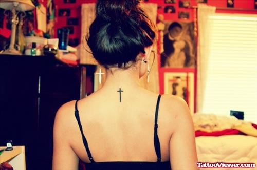 Cross Tattoo On Girl Upperback
