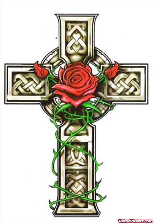 Celtic Cross and Rose Flowers Tattoo Design