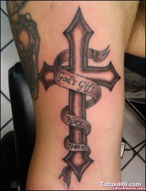 Banner And Cross Grey Ink Tattoo On Half Sleeve