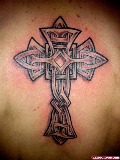 Awesome Grey Ink Celtic Cross Tattoo On Back