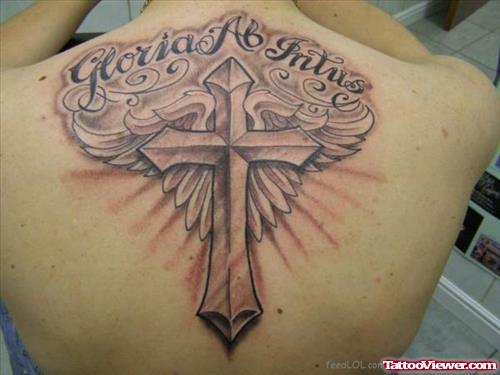 Amazing Grey Ink Winged Cross Tattoo On Back Body