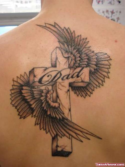 Winged Dad Cross Tattoo On Back