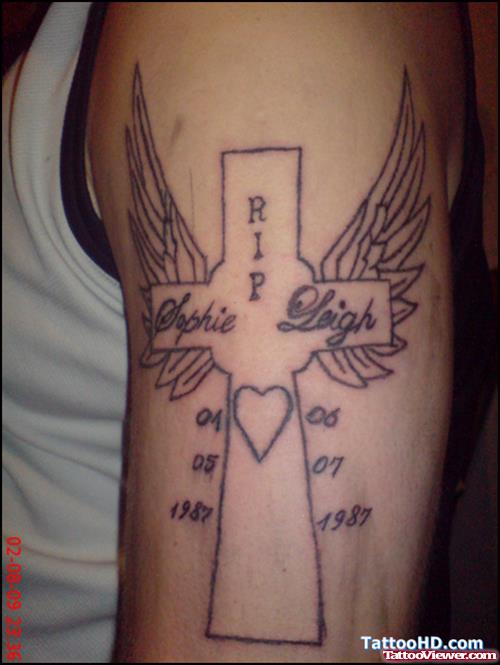 Winged Cross Tattoo On Left Half Sleeve