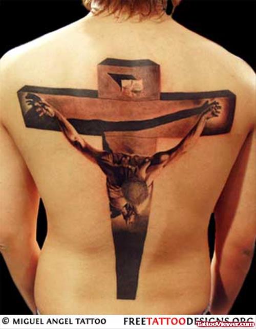Jesus Christ On Cross Grey Ink Tattoo On Back