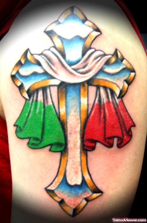 Italian Cross Color Ink Tattoo On Left Shoulder