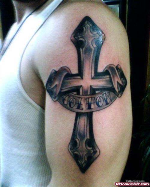 Grey Ink Cross With Banner Tattoo On Left Half Sleeve