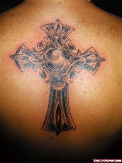 Celtic Cross Grey Ink Tattoo On Upperback
