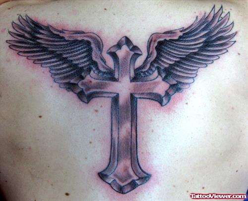 Amazing Grey Ink Winged Cross Tattoo