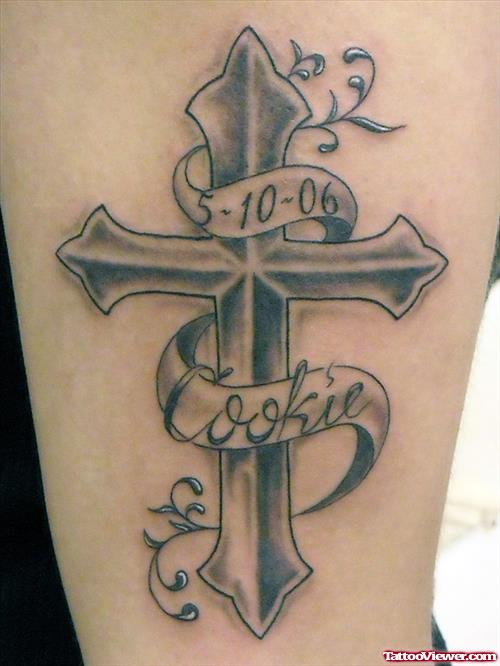 Grey Ink Cross With Memorial Banner Tattoo On Half Sleeve