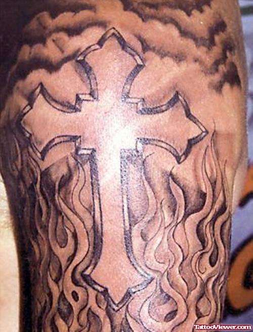 Grey Ink Cross In Falmes Tattoo On Half Sleeve