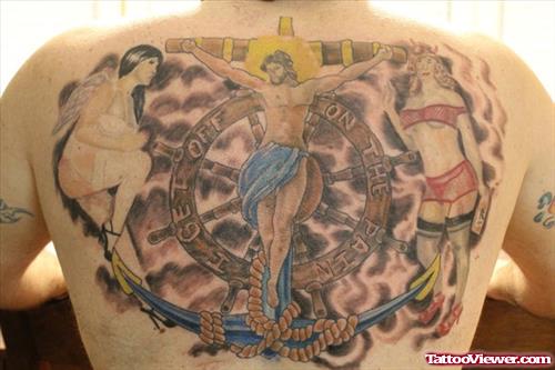 Sailor Anchor Cross And Jesus And Angel Colored Ink Tattoo On Back