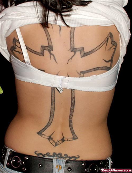 Large Grey Ink Cross Tattoo On Girl Back Body