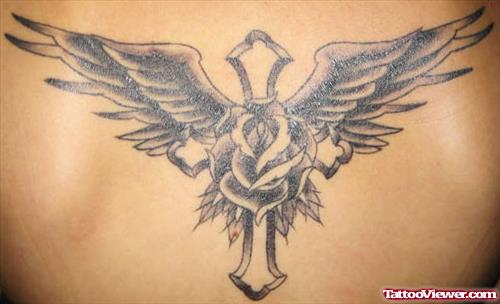Grey Ink Winged Cross And Rose Grey Ink Tattoo On Back