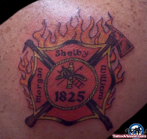 Fire Maltese Cross Colored Ink Tattoo
