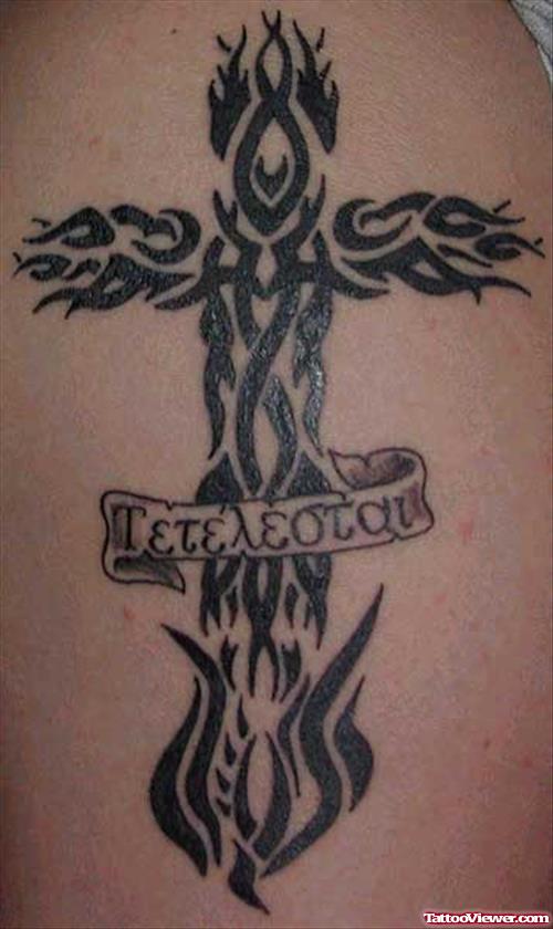 Black Ink Tribal Cross Tattoo