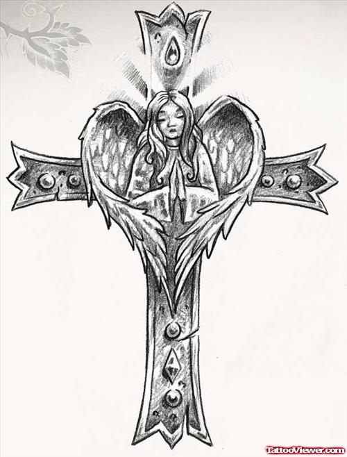 Winged angel With Cross Grey Ink Tattoo Design