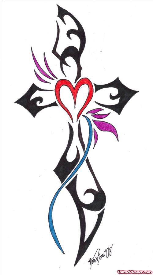 Tiny Heart And Cross Tattoo Design
