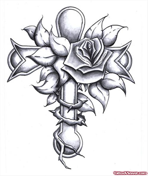 Rose Flower And Cross Tattoo Design