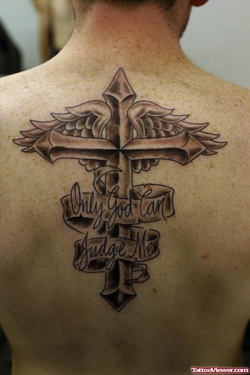 Grey Ink Winged Cross Tattoo On Back