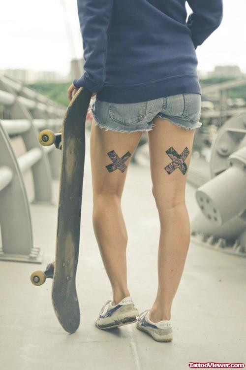 Flowers Cross Tattoo On Back Thighs