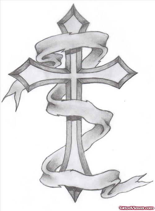 Banner With Cross Tattoo Design