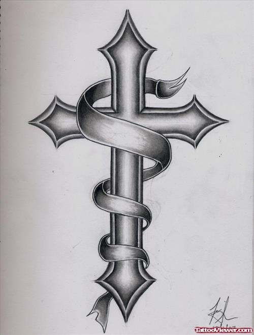 Attractive Banner And Cross Tattoo Design