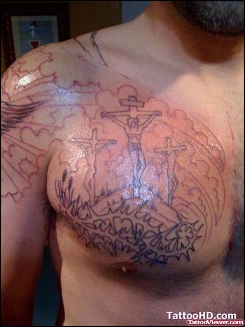 Jesus Cross Grey Ink Tattoo On Man Chest