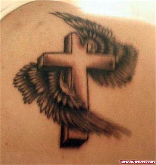 Grey Ink Wings And Cross Tattoo