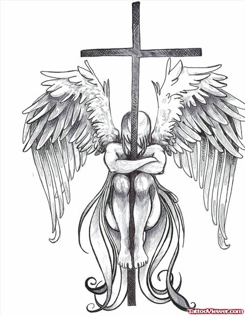 Fallen Angel With Cross Tattoo Design