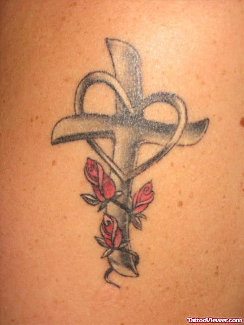 Cross And Heart With Rose Flowers Tattoo
