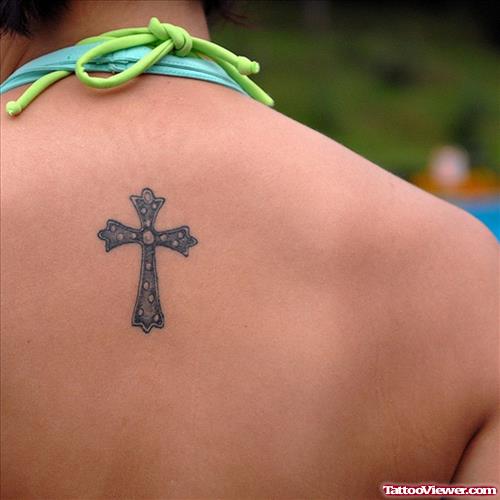 Beautiful Cross Tattoo On Girl Upperback
