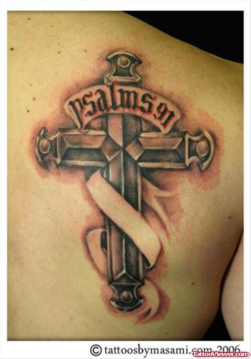 Banner On Cross Tattoo On Right Back Shoulder