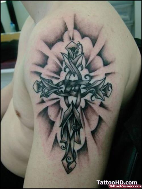 Attractive Celtic Cross Tattoo On Man Left Shoulder