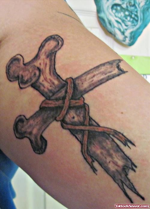 Wooden Old Cross Tattoo On Bicep